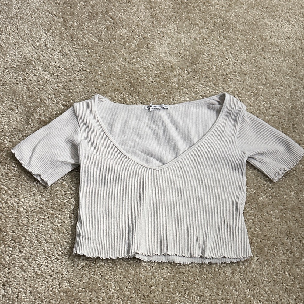 Zara Ribbed V-Neck Short Sleeve Crop Top - white, Size XS-S